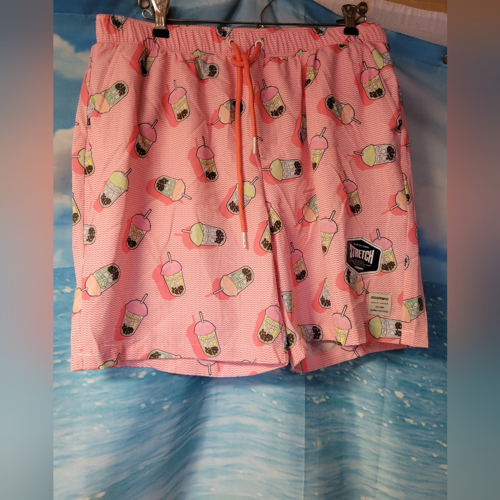 Mossman NWOT‎ Mens Boba Drink Print Pink Swim Trunk Size Large